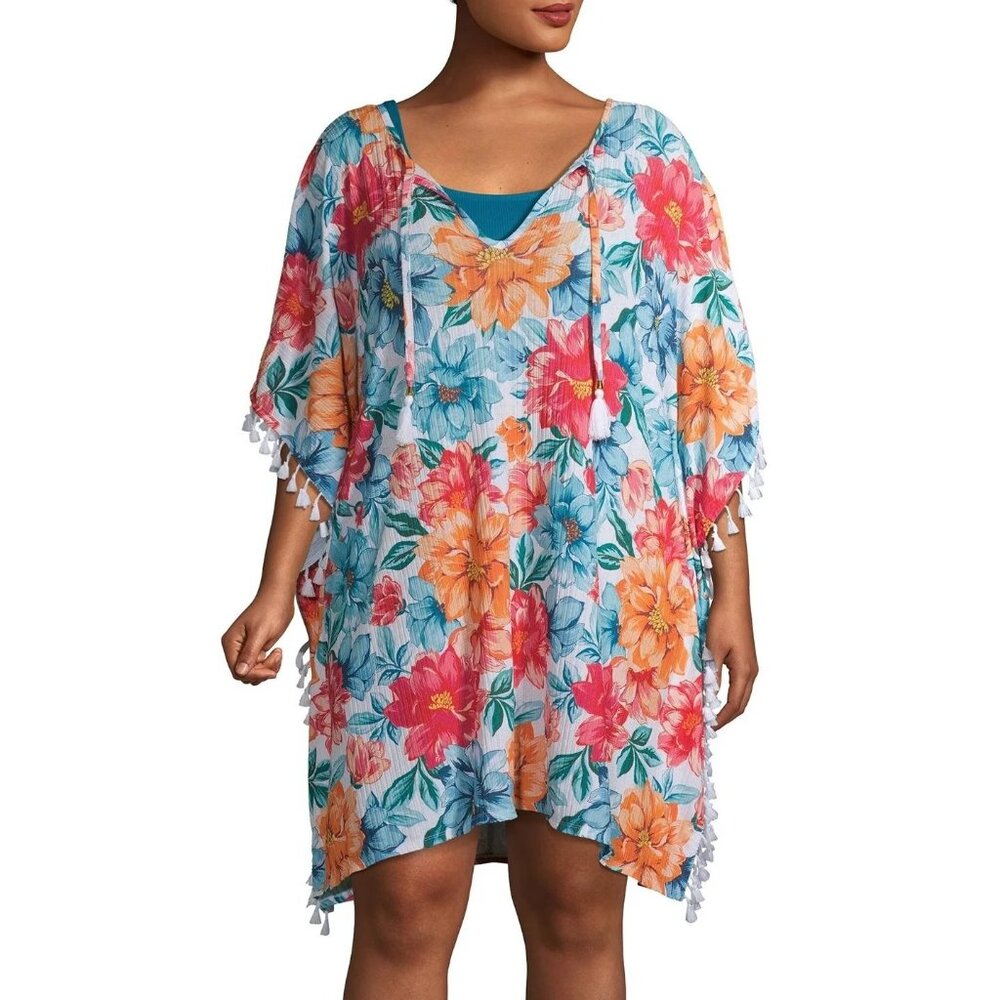 Time and Tru Women's LG 12/14 Caftan Swim Coverup Tassels Beachy Tropical